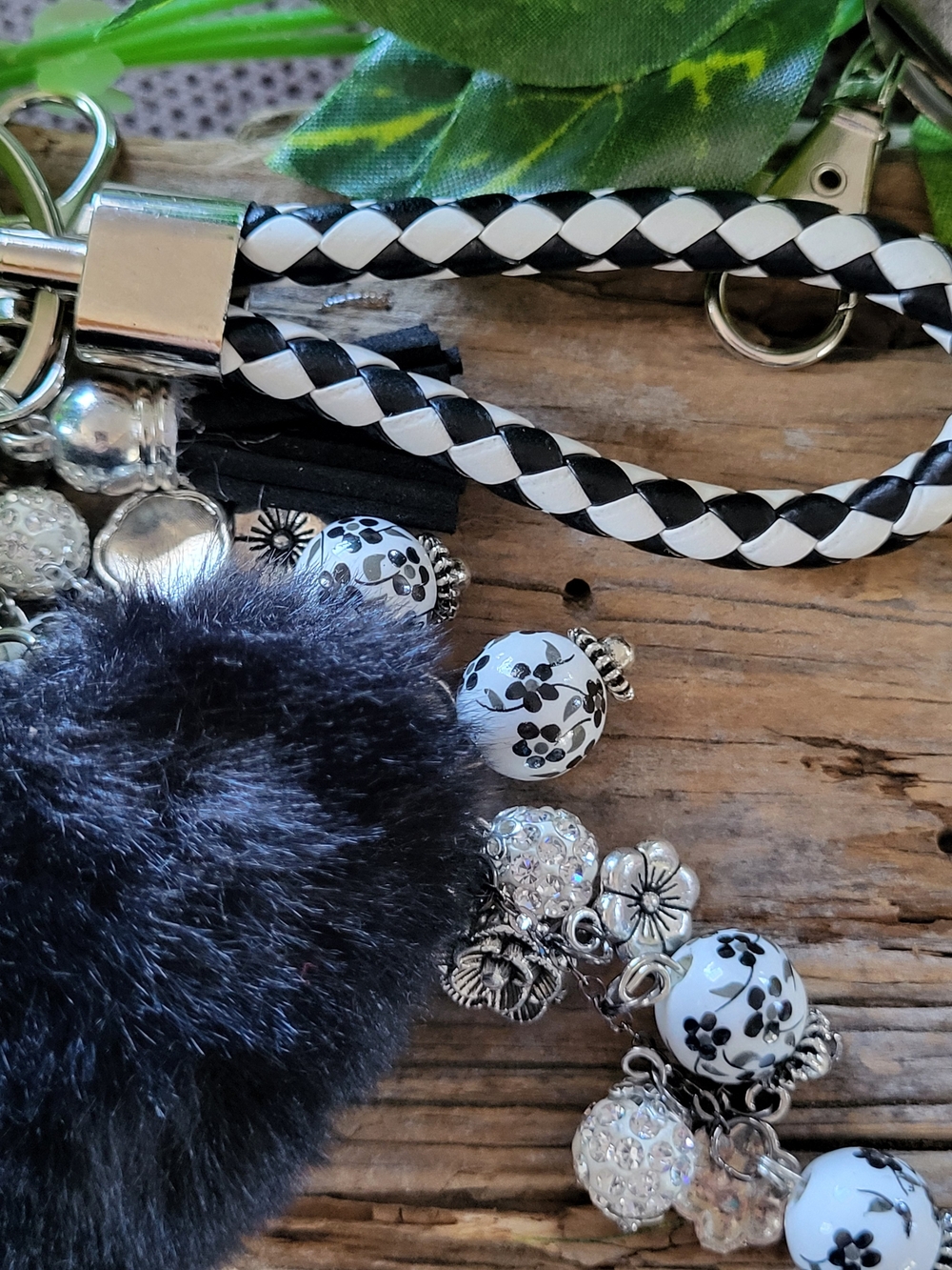 Black & White Diamond Like Beaded With Pom Pom Keychain - Bag Charm